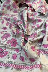 White and Pink Pure Tussar Silk Kantha Dupatta