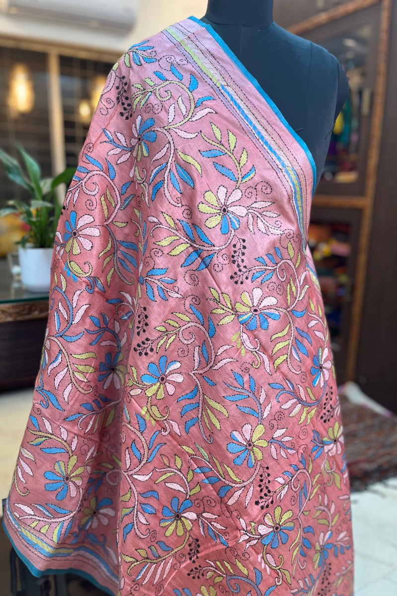 Pastel Rose Pink Colured Pure Tussar Silk Kantha Dupatta