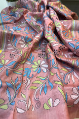 Pastel Rose Pink Colured Pure Tussar Silk Kantha Dupatta