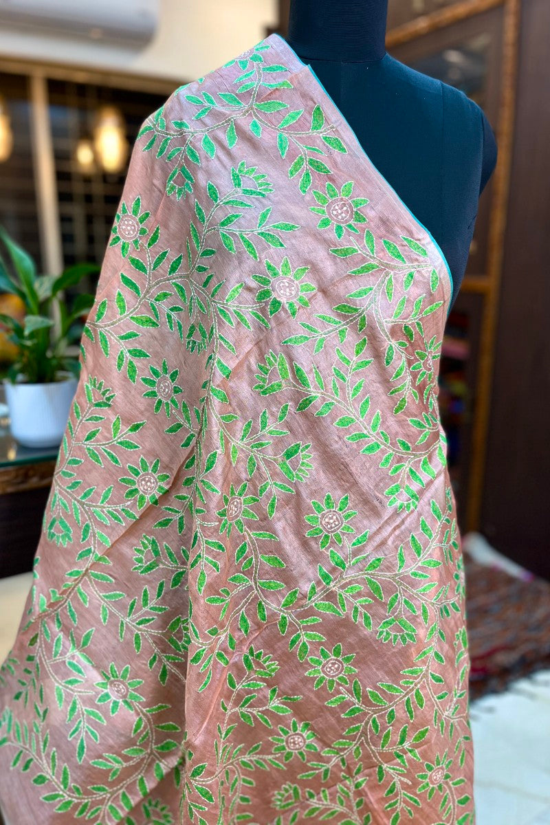 Light Peach with Green embroidered Pure Tussar Silk Kantha Dupatta