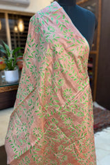 Light Peach with Green embroidered Pure Tussar Silk Kantha Dupatta