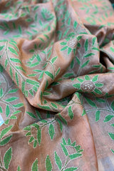 Light Peach with Green embroidered Pure Tussar Silk Kantha Dupatta