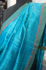 Pure Tussar Silk Ketia Chintamani / firozi saree with Pink Pallu.