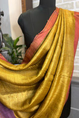 Pure tussar Silk Mustard with Pink pallu saree