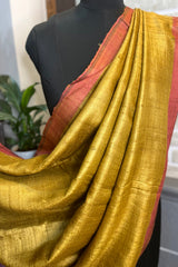 Pure tussar Silk Mustard with Pink pallu saree