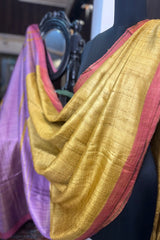 Pure tussar Silk Mustard with Pink pallu saree