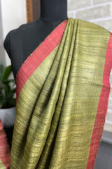 Mint Green Pure Tussar Silk Saree with Rust coloured pallu