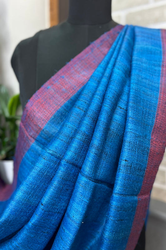 Blue Pure Tussar Silk Saree with contrast Pink border and blue pallu