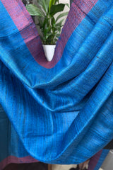 Blue Pure Tussar Silk Saree with contrast Pink border and blue pallu