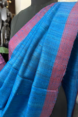 Blue Pure Tussar Silk Saree with contrast Pink border and blue pallu