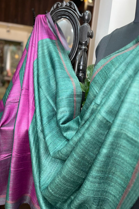 Bottle Green Pure Tussar Silk saree with pink pallu