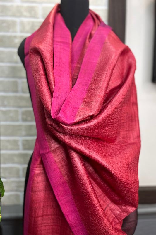 Dark Peach coloured Pure Tussar Silk Dupatta with vibrant Hot Pink Border