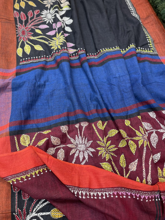 Black Khadi Cotton Hand Embroidered Kantha