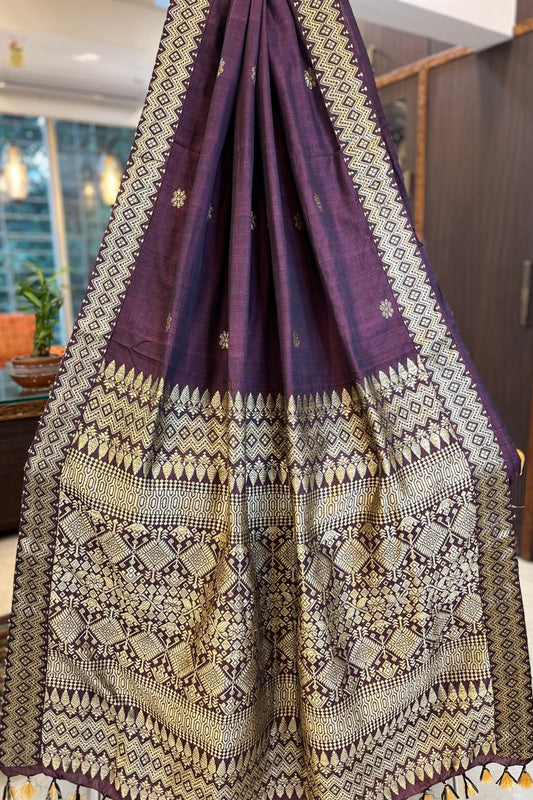 Deep Purple Handwoven Assamese Khadi cotton Saree