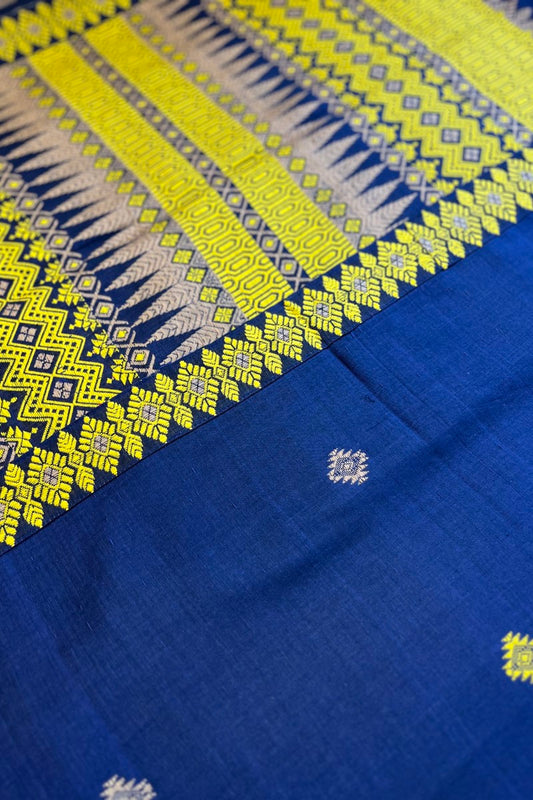 Deep Blue Handwoven Assamese Khadi Cotton Saree with yellow work on pallu