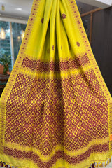 Lemon Yellow Handwoven Assamese Khadi cotton Saree with pink work on pallu