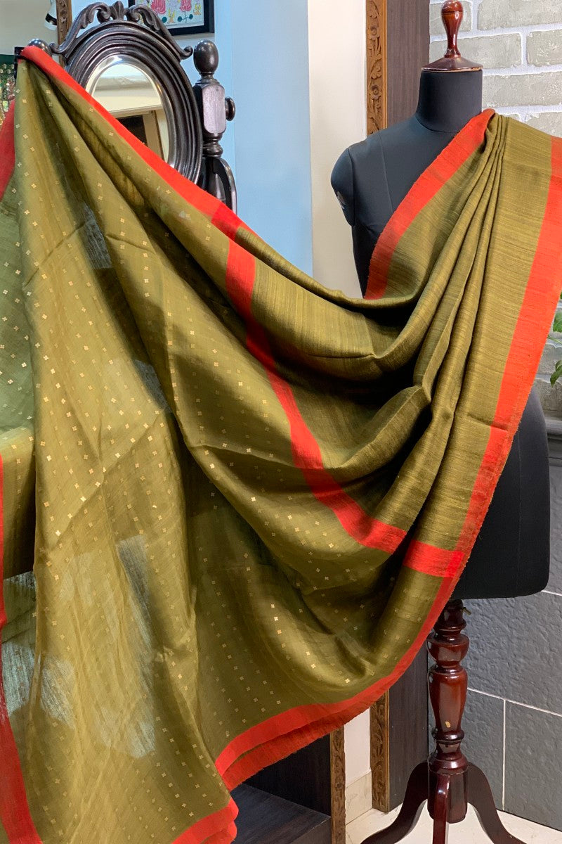 Mehendi Green Pure Matka silk saree with contrast red border