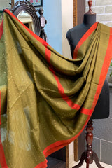 Mehendi Green Pure Matka silk saree with contrast red border