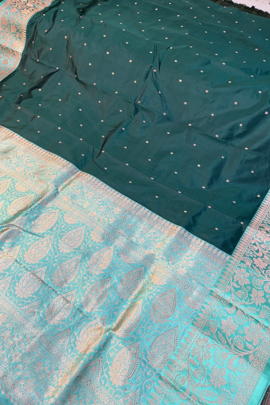 Bottle Green with Firozi Blue Border & Pallu Pure Silk Banarasi Saree