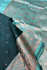 Bottle Green with Firozi Blue Border & Pallu Pure Silk Banarasi Saree