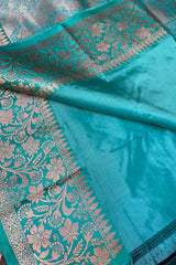 Bottle Green with Firozi Blue Border & Pallu Pure Silk Banarasi Saree