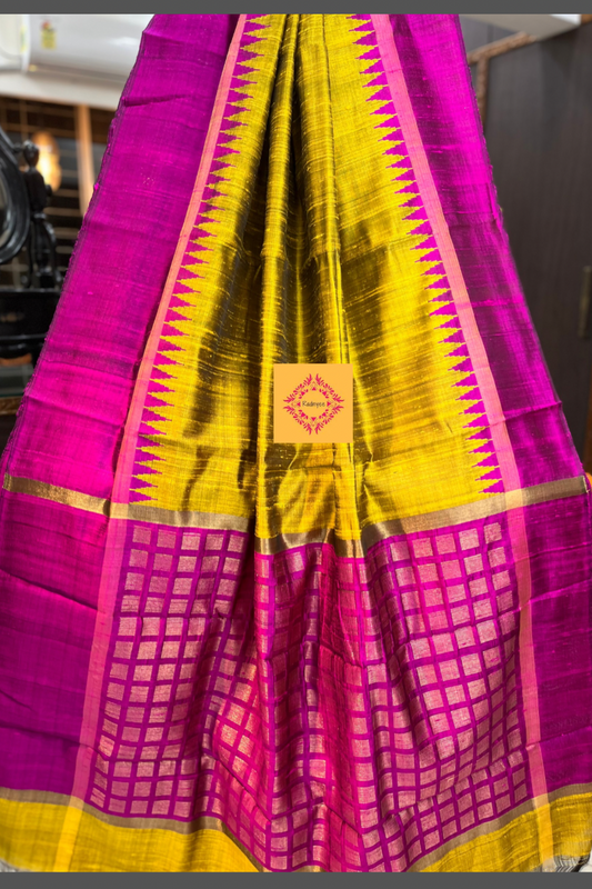 A Mustard Yellow Pure Raw Silk saree with Magenta Border