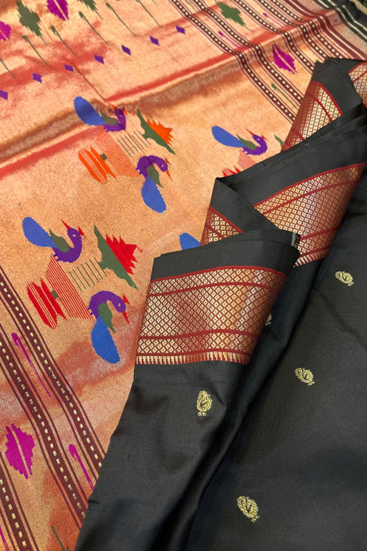 Pure Silk Black with Maroon  Border Handloom Paithani