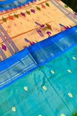 Pure Silk Torquiose blue with Chintamani Border Handloom Paithani