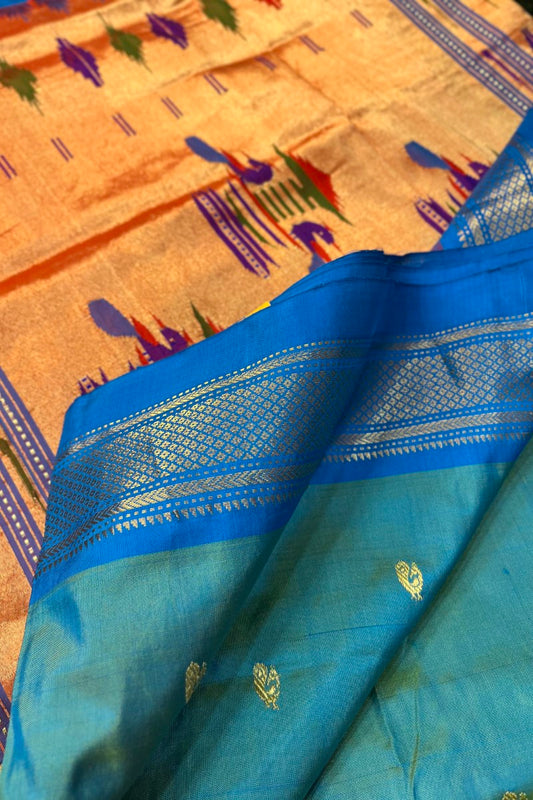 Pure Silk Torquiose blue with Chintamani Border Handloom Paithani