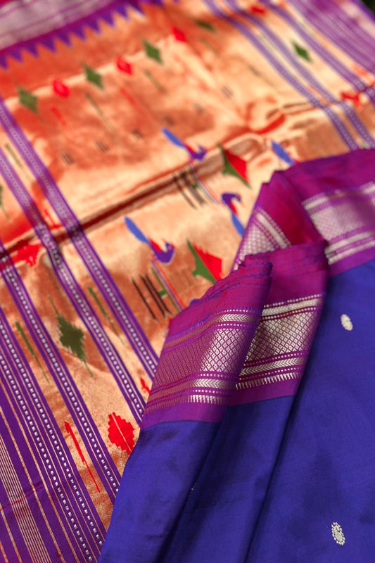 Pure Silk Dark Purple blue with Magenta Border Handloom Paithani