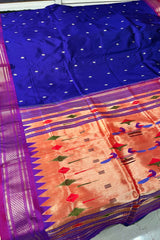 Pure Silk Dark Purple blue with Magenta Border Handloom Paithani