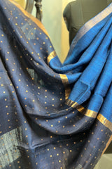 German Blue coloured Pure Matka silk saree with golden zari border and sequins pallu