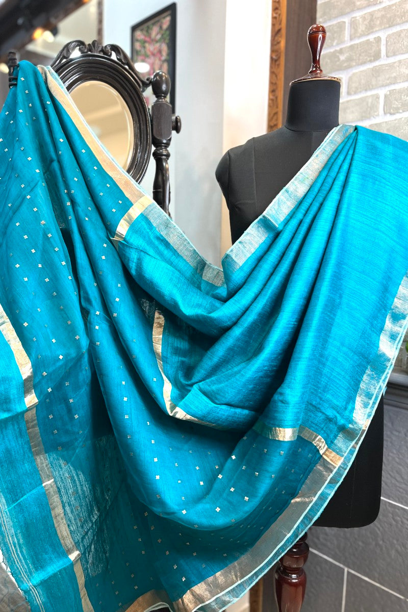Firozi Blue ( Chintamani blue) pure matka silk saree with golden zari border and sequins pallu