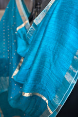 Firozi Blue ( Chintamani blue) pure matka silk saree with golden zari border and sequins pallu