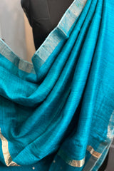 Firozi Blue ( Chintamani blue) pure matka silk saree with golden zari border and sequins pallu