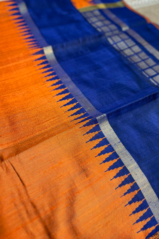 Rust Coloured Pure Raw Silk Saree with Royal Blue border