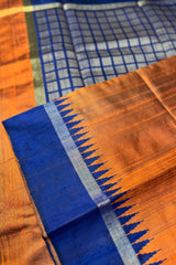 Rust Coloured Pure Raw Silk Saree with Royal Blue border