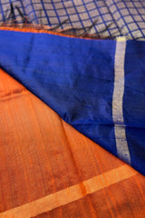 Rust Coloured Pure Raw Silk Saree with Royal Blue border