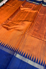 Rust Coloured Pure Raw Silk Saree with Royal Blue border