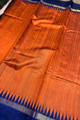 Rust Coloured Pure Raw Silk Saree with Royal Blue border