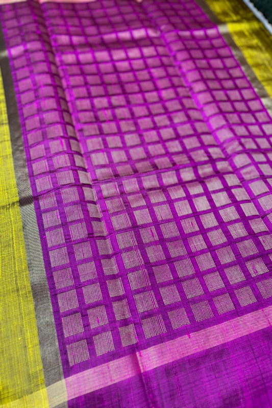 A Mustard Yellow Pure Raw Silk saree with Magenta Border