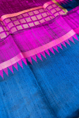 A beautiful German Blue Pure Raw Silk Saree with Magenta Border