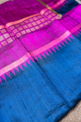 A beautiful German Blue Pure Raw Silk Saree with Magenta Border