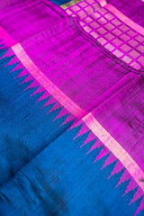 A beautiful German Blue Pure Raw Silk Saree with Magenta Border