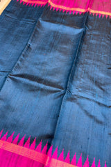 A beautiful German Blue Pure Raw Silk Saree with Magenta Border