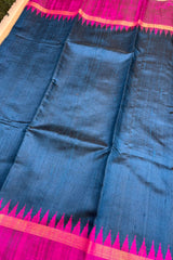 A beautiful German Blue Pure Raw Silk Saree with Magenta Border