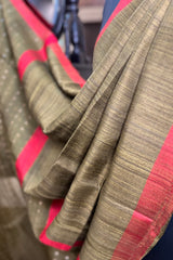 Mehendi Green Pure Matka silk saree with contrast red border