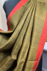 Mehendi Green Pure Matka silk saree with contrast red border