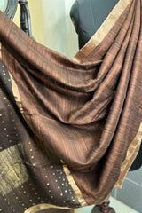 Coffee brown pure matka silk saree with golden zari border and sequins pallu