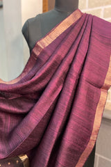 Wine coloured pure matka silk saree with golden zari border and sequins pallu